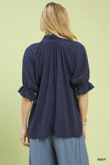 Linen Scalloped Ruffle Neck Blouse