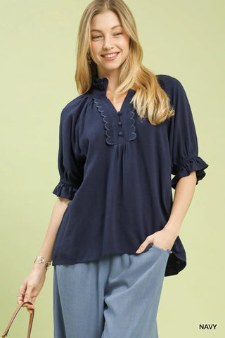 Linen Scalloped Ruffle Neck Blouse