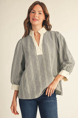 Ruffled Neckline Tiny Gingham Check Blouse
