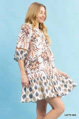 Mix Printed Babydoll Dress with Ruffle Hem