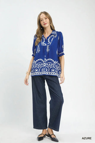 Printed Puff Sleeve Split Neck Top