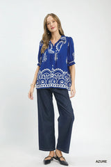 Printed Puff Sleeve Split Neck Top