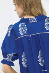 Printed Puff Sleeve Split Neck Top