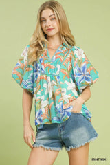 UMGEE Mix Tropical Floral Puff Sleeve Top