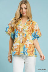 UMGEE Mix Tropical Floral Puff Sleeve Top