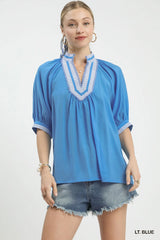 Solid Contrast Trim Pleated Top