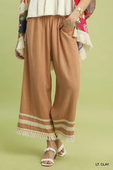 Lace Trim Fringe Hem Wide Leg Pants