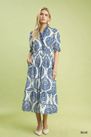 UMGEE Paisley Smocked Waist Midi Dress