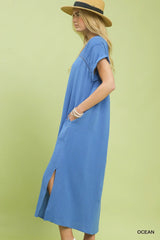 Button-Front Gauze Midi Dress with Lace Detail