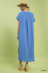 Button-Front Gauze Midi Dress with Lace Detail