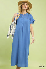 Button-Front Gauze Midi Dress with Lace Detail
