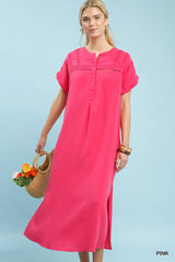 Button-Front Gauze Midi Dress with Lace Detail