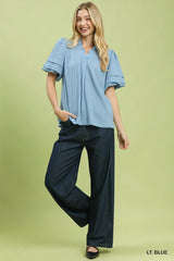 Seersucker Bubble Sleeve V-Neck Blouse