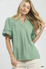 Seersucker Bubble Sleeve V-Neck Blouse