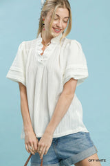 Seersucker Bubble Sleeve V-Neck Blouse