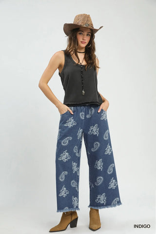 UMGEE Denim Paisley Wide-Leg Pants