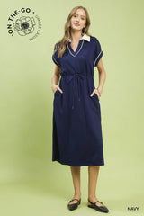Contrast Trim Collared Midi Dress
