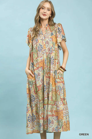 UMGEE Boho Patchwork Print Flutter Sleeve Midi Dress