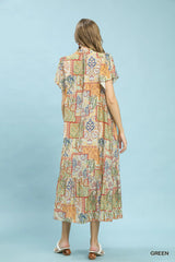 UMGEE Boho Patchwork Print Flutter Sleeve Midi Dress