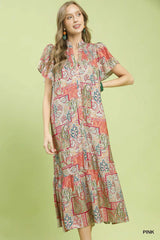 UMGEE Boho Patchwork Print Flutter Sleeve Midi Dress