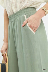 Linen Wide Leg Contrast Trim Gauze Pants