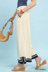 Linen Wide Leg Contrast Trim Gauze Pants
