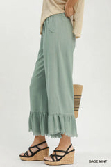 Linen Frayed Hem Ruffle Wide Leg Pants