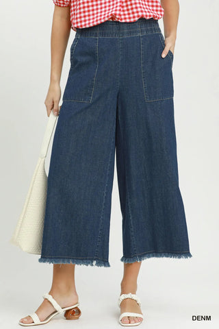 UMGEE Denim Frayed Hem Cropped Wide Leg Pants