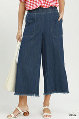 UMGEE Denim Frayed Hem Cropped Wide Leg Pants