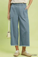 UMGEE Denim Frayed Hem Cropped Wide Leg Pants