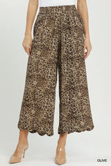 UMGEE Leopard Print Scallop Hem Wide Leg Pants
