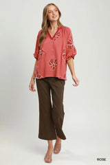UMGEE Floral Embroidered V-Neck Relaxed Top