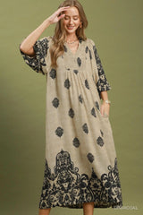 UMGEE Border Print Smocked Detail Midi Dress