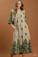 UMGEE Border Print Smocked Detail Midi Dress