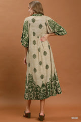 UMGEE Border Print Smocked Detail Midi Dress