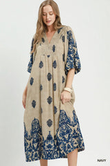 UMGEE Border Print Smocked Detail Midi Dress