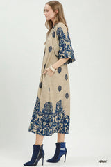 UMGEE Border Print Smocked Detail Midi Dress