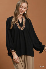 Leopard Trim V-Neck Puff Sleeve Blouse
