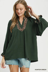 Leopard Trim V-Neck Puff Sleeve Blouse