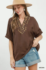 UMGEE Leopard Trim Dolman Sleeve Blouse