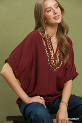 UMGEE Leopard Trim Dolman Sleeve Blouse