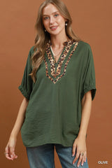 UMGEE Leopard Trim Dolman Sleeve Blouse