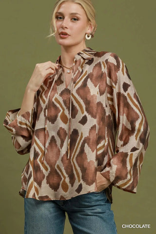 UMGEE Abstract Ikat Print Tie-Neck Blouse