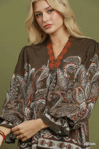 UMGEE Paisley Border Print Boho Blouse