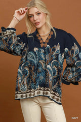 UMGEE Paisley Border Print Boho Blouse