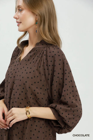 UMGEE Polka Dot Textured Puff Sleeve Blouse