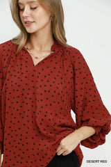 UMGEE Polka Dot Textured Puff Sleeve Blouse