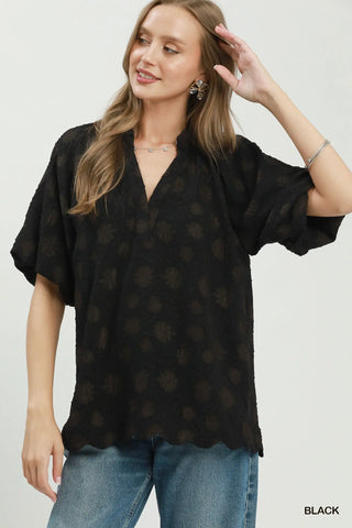 UMGEE Floral Textured Short Sleeve V-Neck Blouse