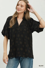 UMGEE Floral Textured Short Sleeve V-Neck Blouse