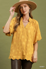 UMGEE Floral Textured Short Sleeve V-Neck Blouse